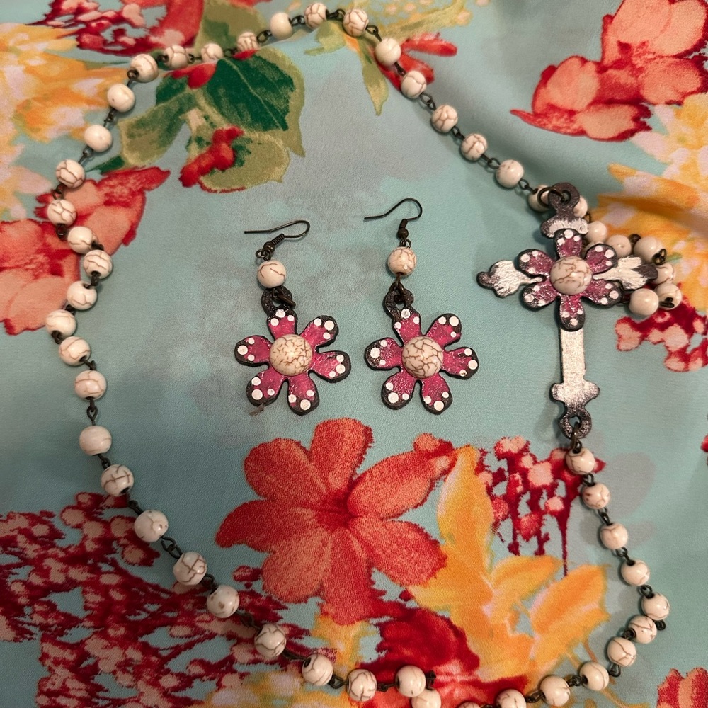 Floral Cross Necklace and Earring Set